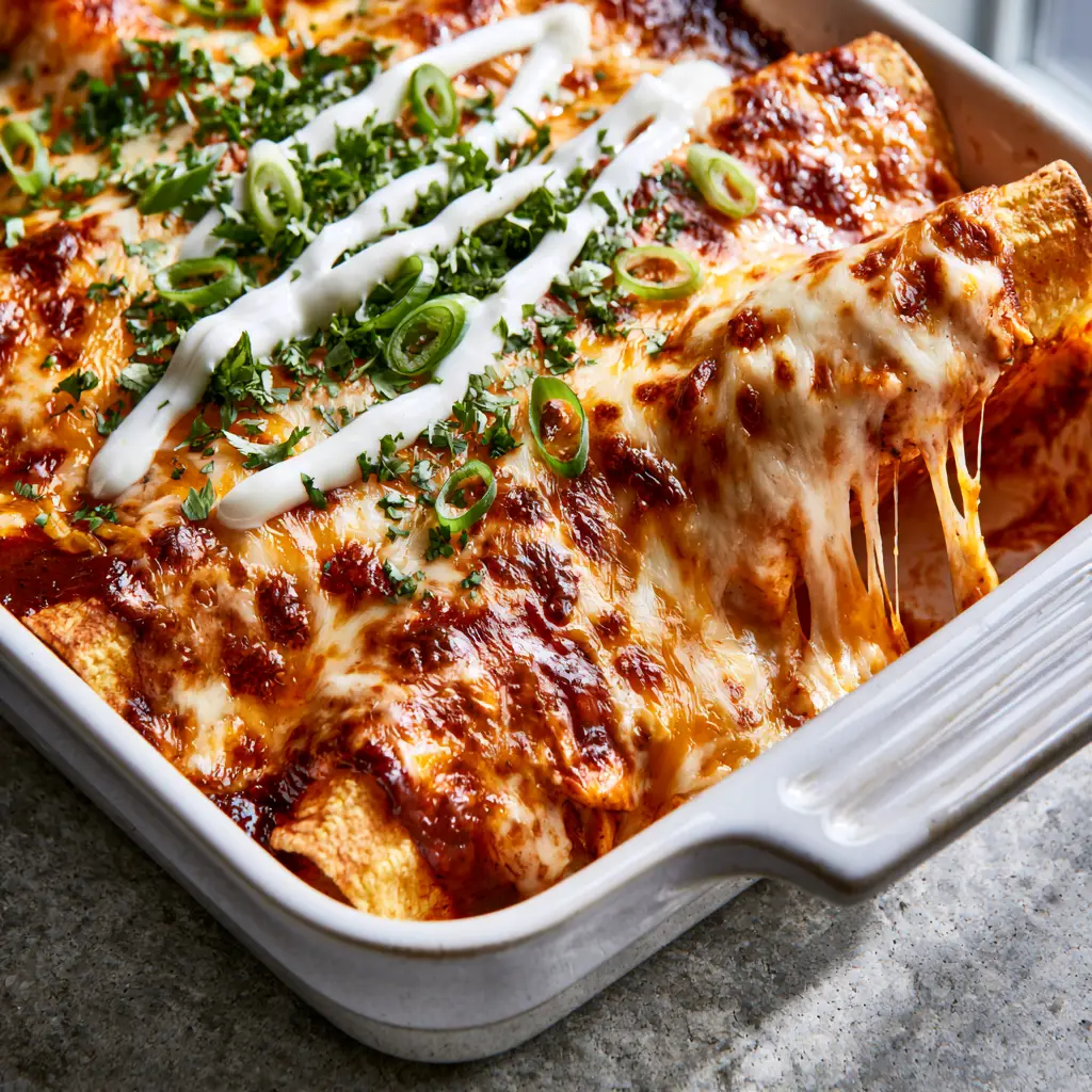 Detailed view of the zig-zag crema drizzle and fresh cilantro garnish on red enchilada recipes.