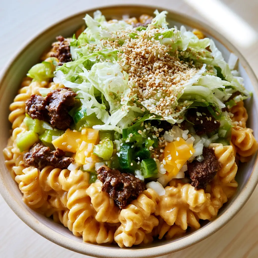 Big Mac pasta salad garnished with fresh shredded iceberg lettuce and toasted white sesame seeds on a light wood background.