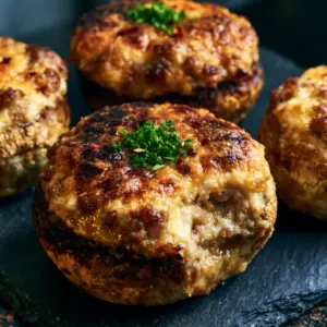 Close up of three stuffed mushrooms with browned sausage and melted cream cheese on a matte black slate platter.