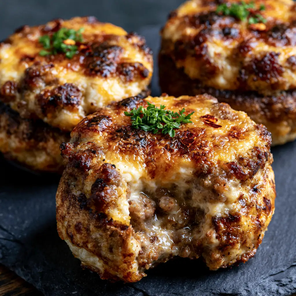 Stuffed mushrooms showing a bubbling golden-brown cheese crust topped with fresh parsley and red pepper flakes.