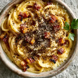 Top-down view of spaghetti carbonara in a ceramic bowl, showing the pale-gold sauce and charred guanciale edges.