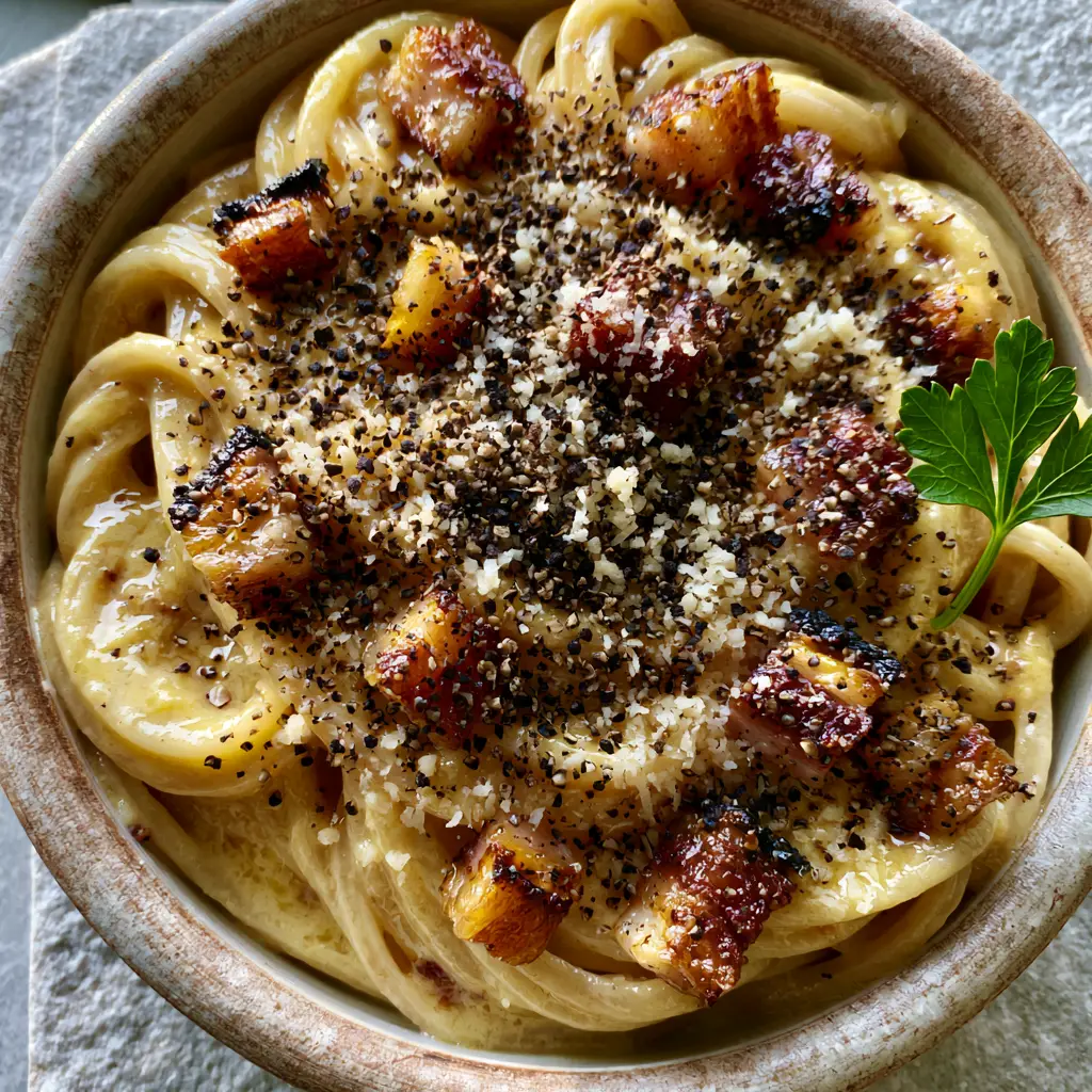 A close-up of Pasta Carbonara garnished with coarse black pepper and a sprig of flat-leaf parsley.