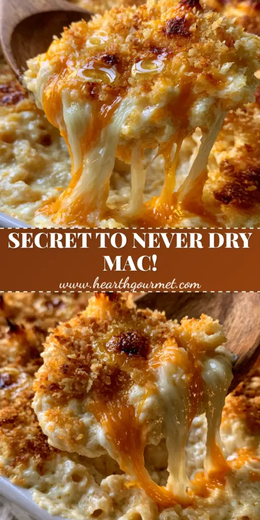 A wooden spoon lifting a scoop of glistening baked mac and cheese with visible cheese strings and a golden Panko crust.