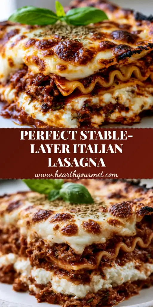 A tall, thick slice of Classic Italian Lasagna with wavy noodles, rich meat sauce, and a bubbly toasted cheese crust on a rustic plate.