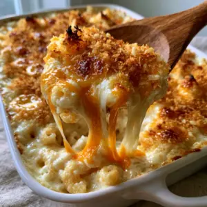 Macro close-up of baked mac and cheese showing charred cheese peaks and butter bubbles on golden Panko.