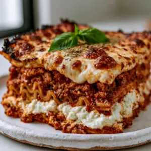 Macro side-profile of Classic Italian Lasagna showing wavy noodles, creamy ricotta, and deep-red bolognese layers.