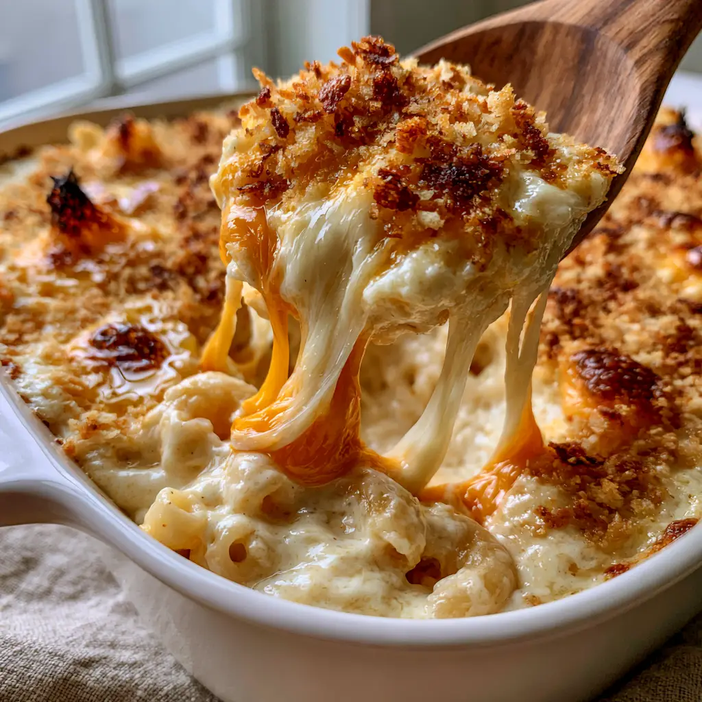 Close-up of a white ceramic dish containing baked mac and cheese with parsley flakes and cracked black pepper.
