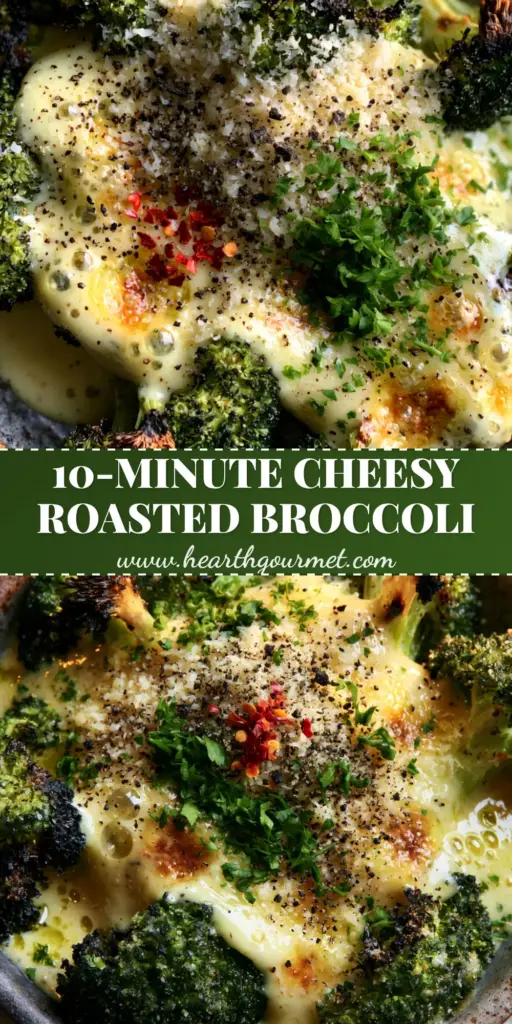 A close-up of roasted cheesy broccoli in a dark ceramic dish with bubbly toasted parmesan and charred tips.