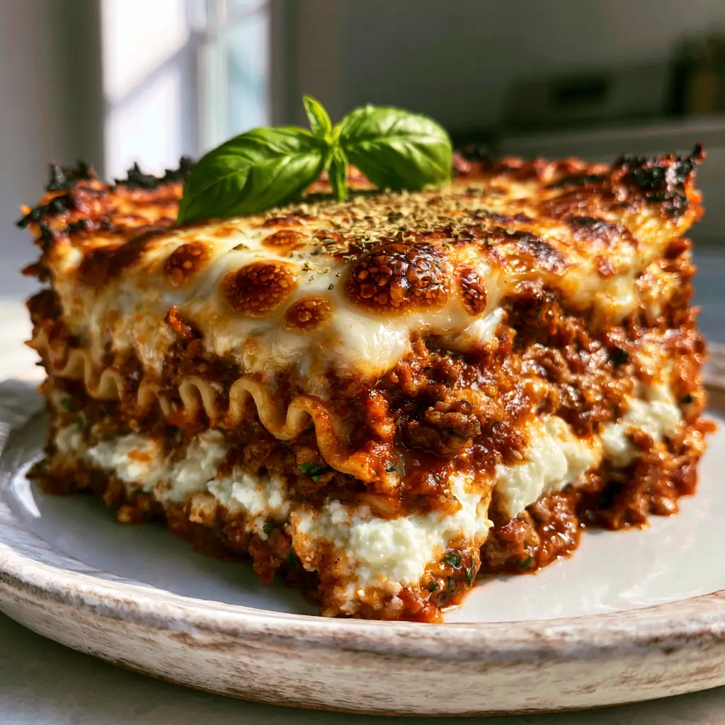 Close up of the toasted mozzarella and parmesan crust on a Classic Italian Lasagna slice with charred edges and fresh basil garnish.