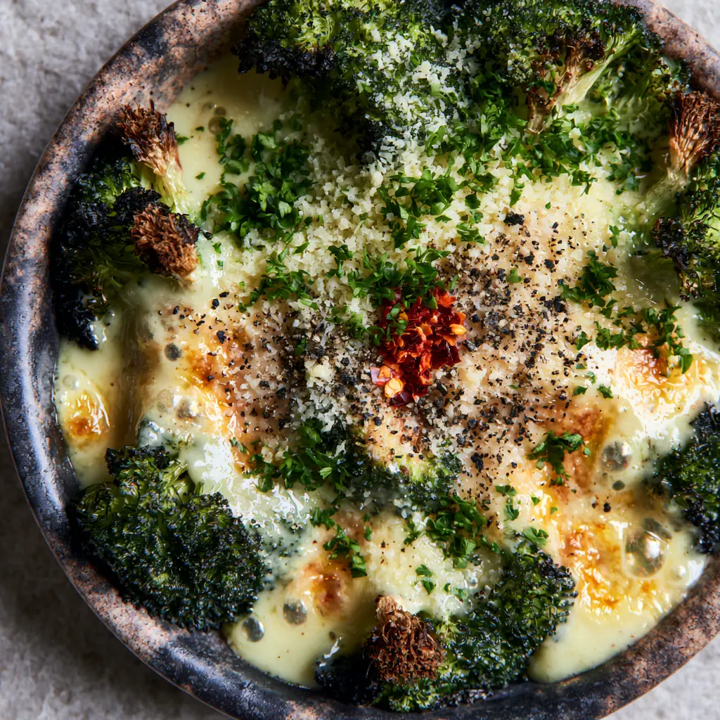 Top-down view of a rustic ceramic dish filled with cheesy broccoli, topped with red pepper flakes and fresh parsley.
