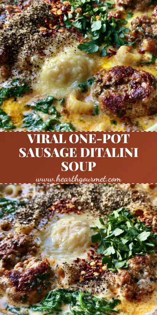 A close-up shot of a rustic ceramic pot filled with creamy Sausage Ditalini Soup, featuring browned sausage crumbles, wilted spinach, and a dollop of melted parmesan.