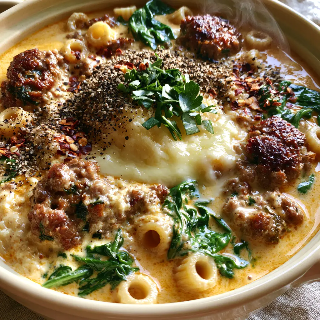 A handheld smartphone photo of a bowl of Sausage Ditalini Soup with fresh parsley and black pepper garnish under natural side lighting.