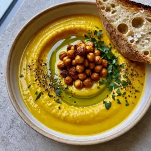 A deep ceramic bowl of velvety golden-yellow vegetable soup with a glossy texture and green olive oil swirl. (creamy soup recipes)