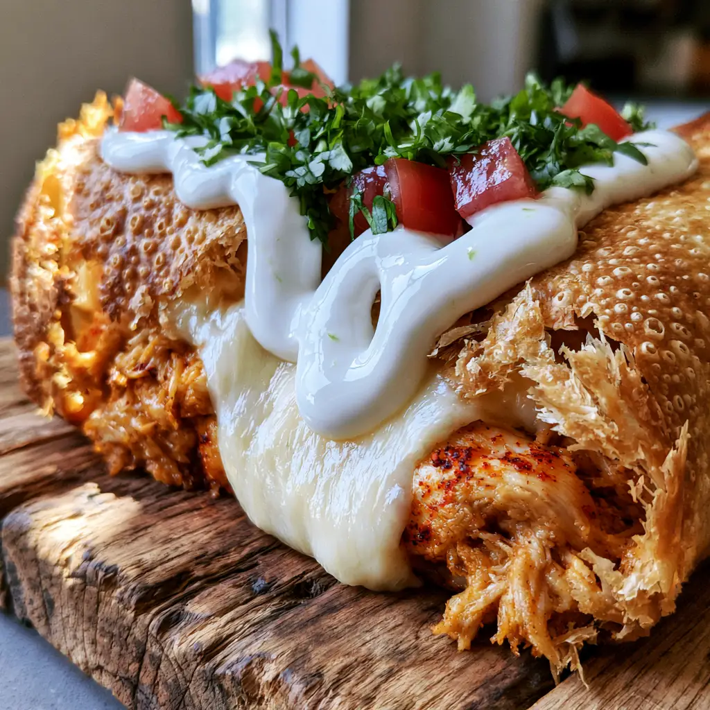 Close-up of melted Monterey Jack cheese stretching between two halves of a seasoned chicken chimichanga.