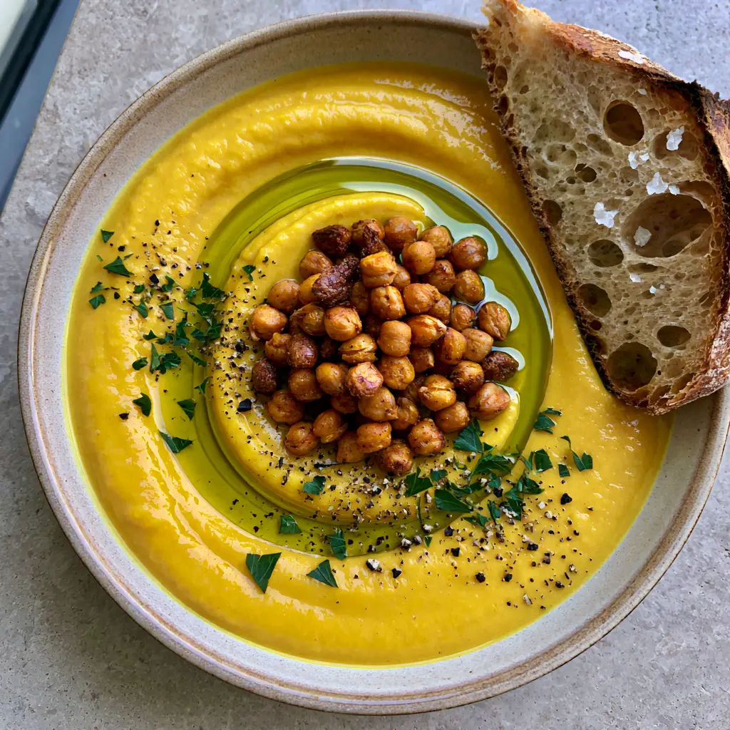 Close-up of crispy roasted chickpeas and cracked black pepper on top of a yellow soup.