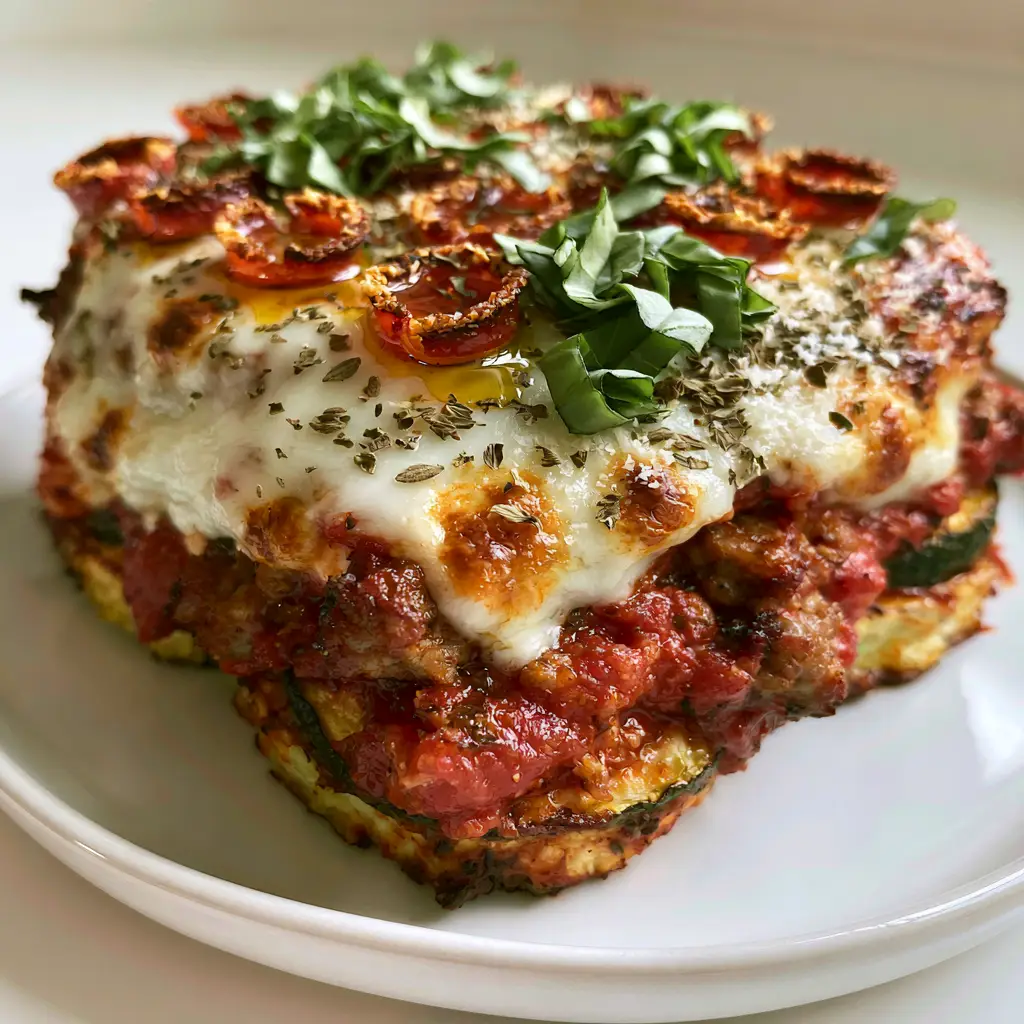 Close-up of the top of a Zucchini Pizza Casserole with melted mozzarella golden spots, curled-edge pepperoni, and fresh green basil chiffonade.