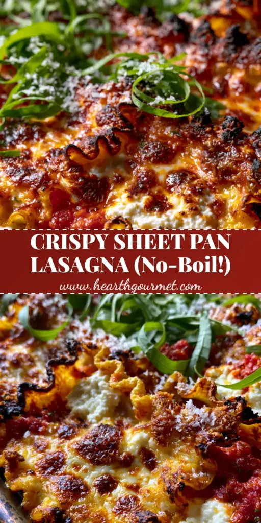 A rustic dark metal sheet pan filled with sheet pan lasagna featuring charred ruffled noodle edges and creamy white ricotta dollops.