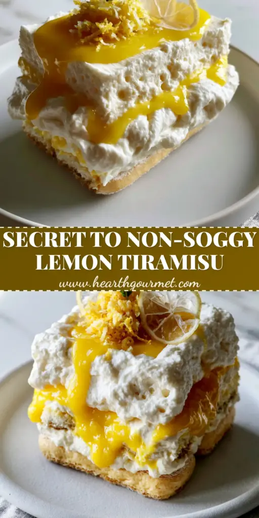 A tall, structural slice of Limoncello Tiramisu on a white plate showing layers of pale golden ladyfingers and ivory-white cream with neon-yellow lemon curd pool on top.