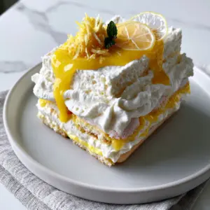 A close-up of a Limoncello Tiramisu slice on a matte white ceramic plate with translucent lemon slices and mint leaf garnish.