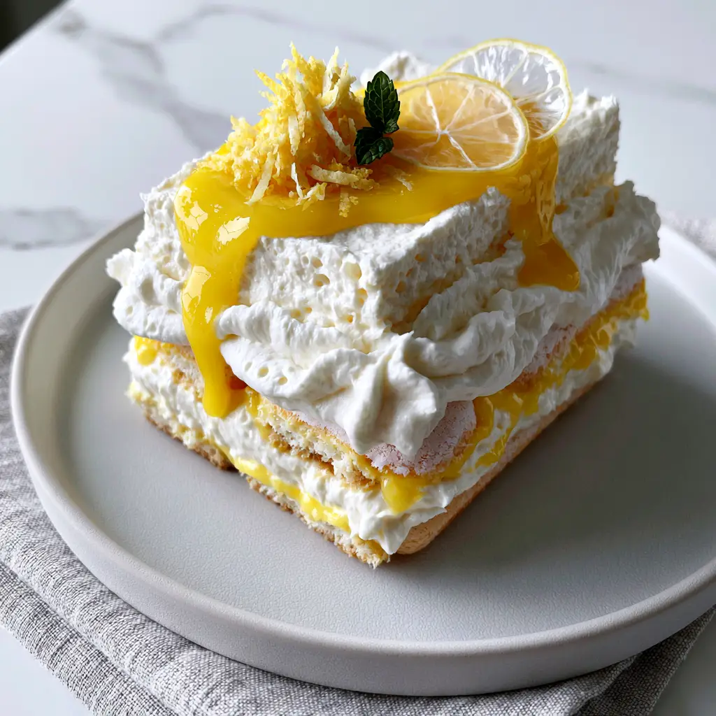 A close-up of a Limoncello Tiramisu slice on a matte white ceramic plate with translucent lemon slices and mint leaf garnish.