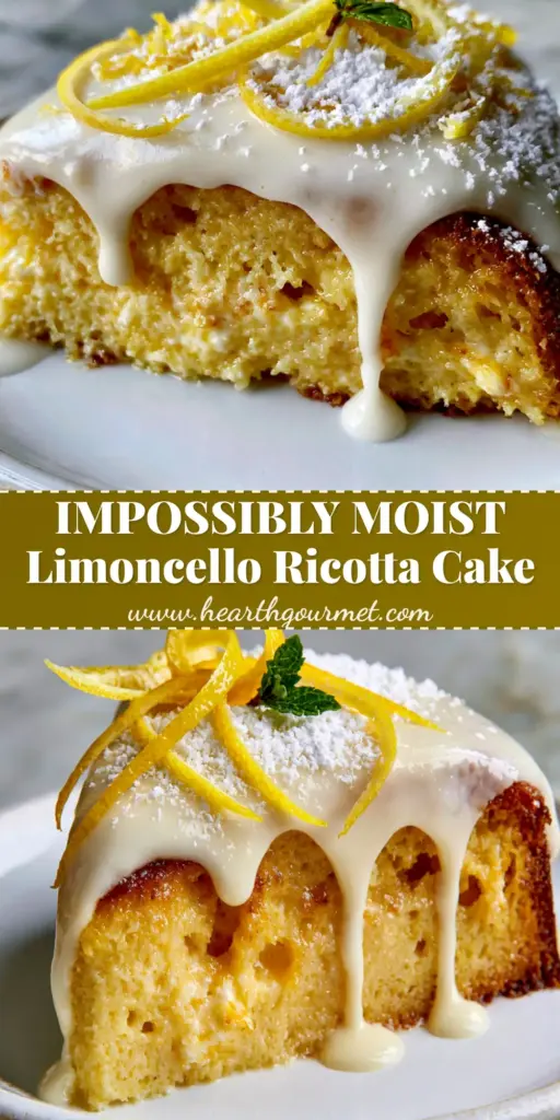 A thick slice of golden Limoncello Ricotta Cake with a heavy white glaze and lemon zest curls on a marble surface.