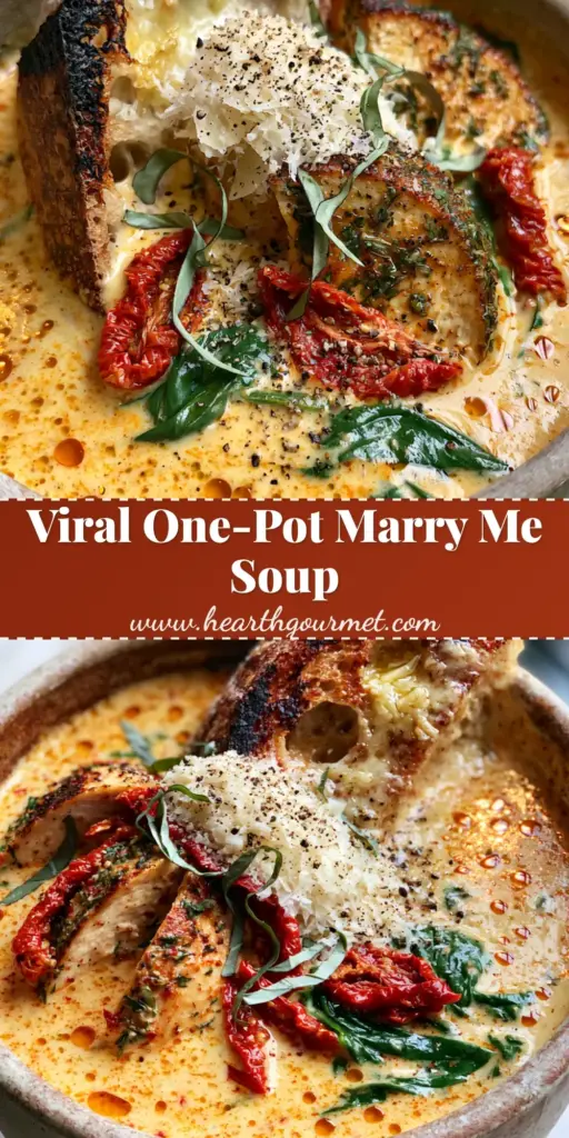 A top-down view of Marry Me Tuscan Chicken Soup with herb-crusted chicken, sun-dried tomatoes, and fresh basil ribbons in a rustic bowl.