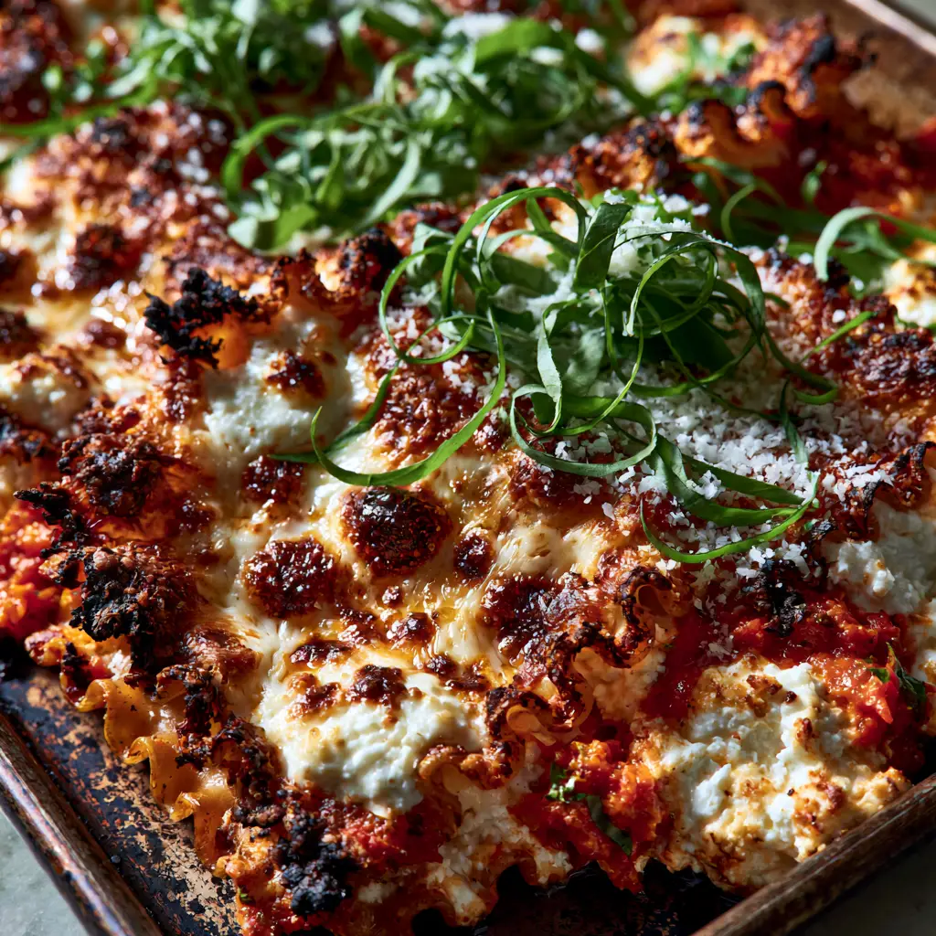 Side-lit view of a vintage metal sheet pan with lasagna, highlighting the steam rising and the snow-white ricotta dollops.