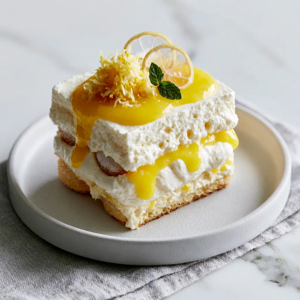 High-angle shot of Limoncello Tiramisu on a marble surface with soft morning daylight.