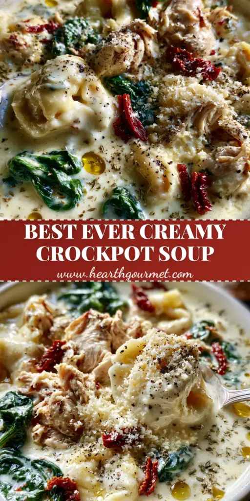 A rustic white bowl of creamy Italian chicken soup with tortellini, wilted spinach, and sun-dried tomatoes, topped with parmesan and pepper.
