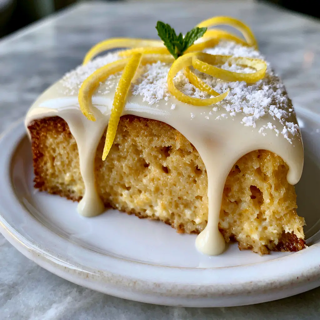 A thick Limoncello glaze dripping down the side of a yellow ricotta cake with long zest curls on top.