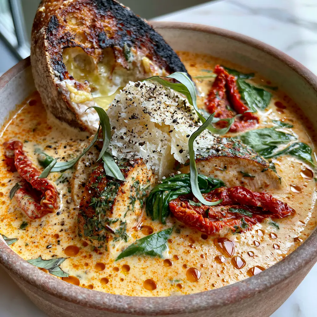 Close-up of toasted garlic sourdough bread soaking in Marry Me Tuscan Chicken Soup broth.