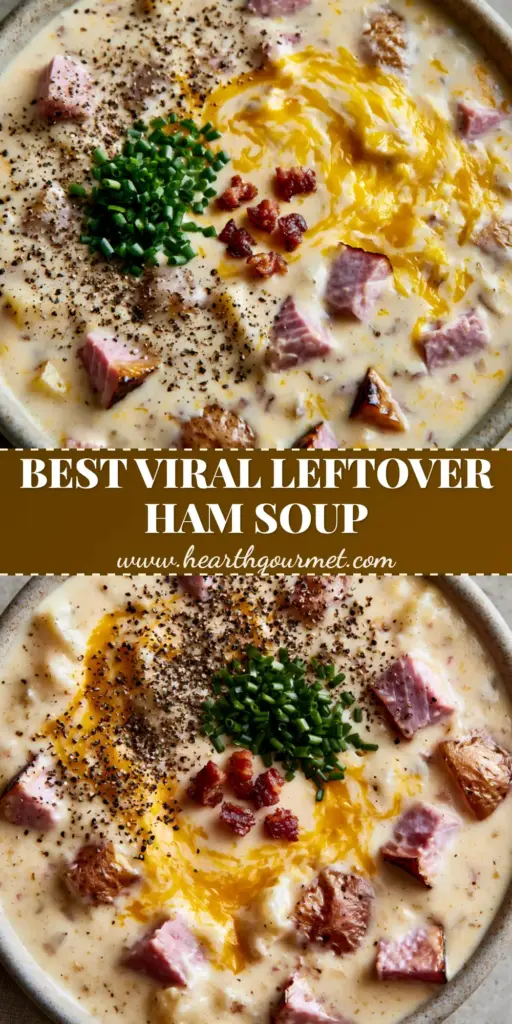 A rustic bowl of creamy ham and potato soup topped with melting cheddar, chives, and bacon crumbles on a concrete countertop. (creamy ham and potato soup)