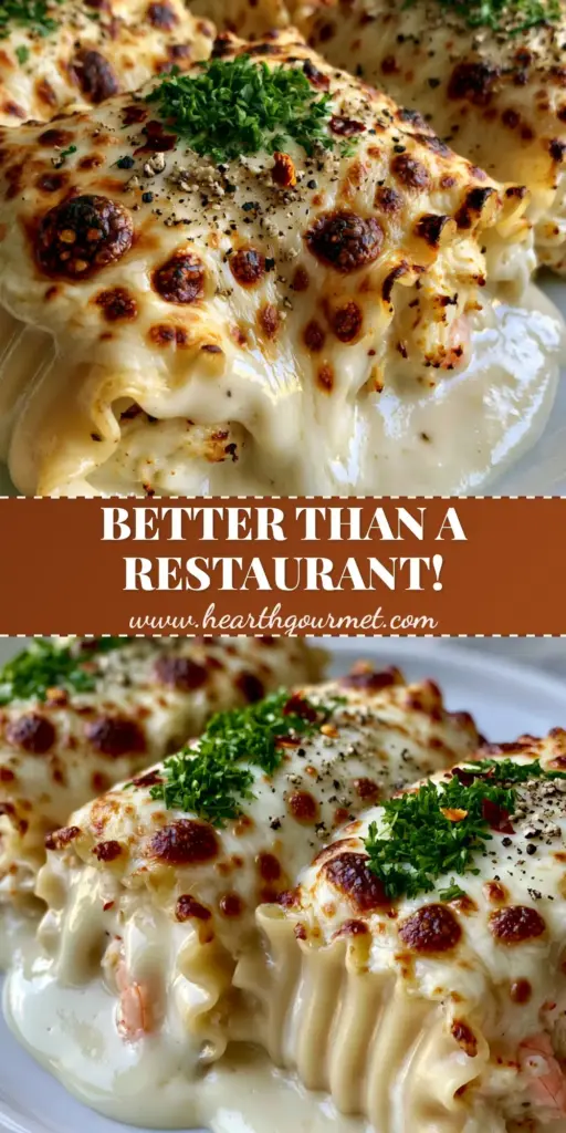 A vertical side-view of Shrimp and crab alfredo lasagna roll-ups with thick white garlic alfredo sauce and melted mozzarella cheese showing deep golden-brown blisters and fresh parsley garnish.