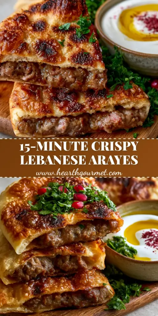 A stack of crispy Lebanese Arayes triangles showing juicy meat filling, served with tahini sauce and pomegranate seeds.