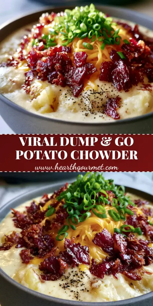 A close-up shot of a charcoal grey bowl filled with thick slow cooker potato chowder topped with a mountain of bacon, melted cheese, and chives.