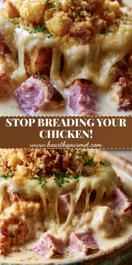 A rustic ceramic bowl of creamy Chicken Cordon Bleu Soup topped with melted Gruyere ribbons and golden panko. (Chicken Cordon Bleu Soup)