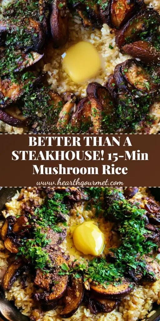 A handheld photo of a black cast iron skillet filled with steaming garlic butter mushroom rice, topped with melting grass-fed butter and fresh parsley. (mushroom rice)