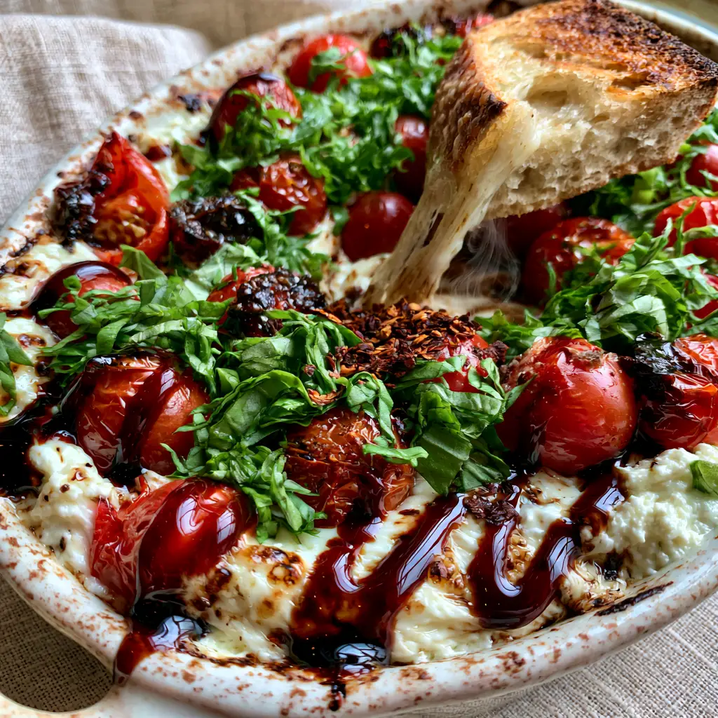 Macro handheld photo of bubbling mozzarella and whipped ricotta Caprese dip with charred tomato skins and basil.