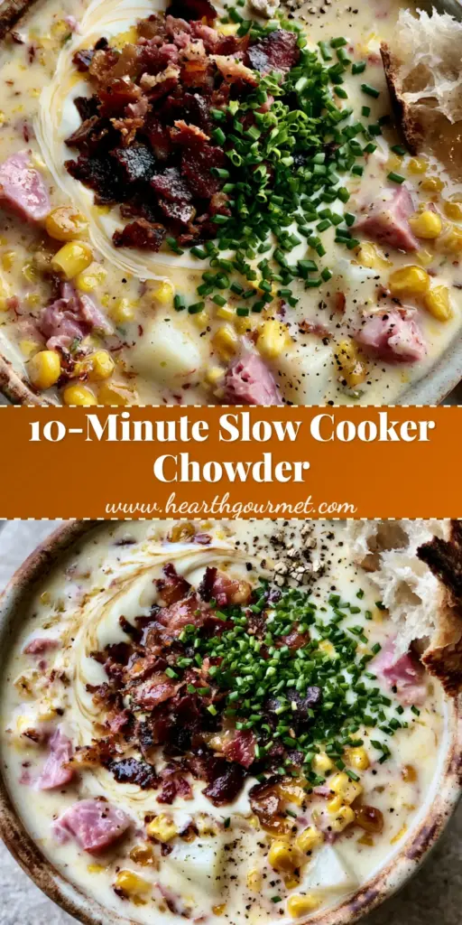 A rustic ceramic bowl of steaming Ham and Potato Corn Chowder topped with crispy bacon and chives, served with crusty sourdough bread.