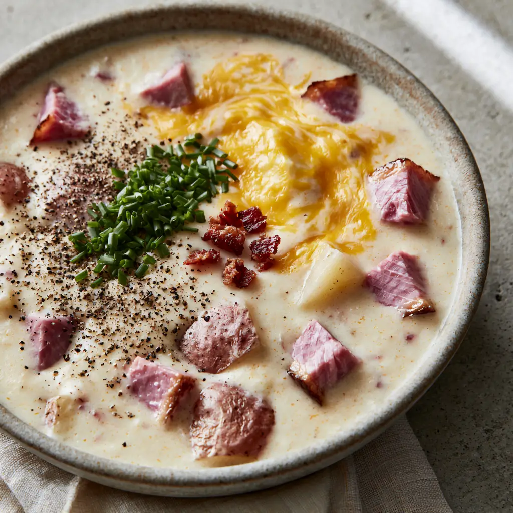 A close up of the melting sharp cheddar cheese swirl and fresh chive garnish on creamy ham and potato soup.