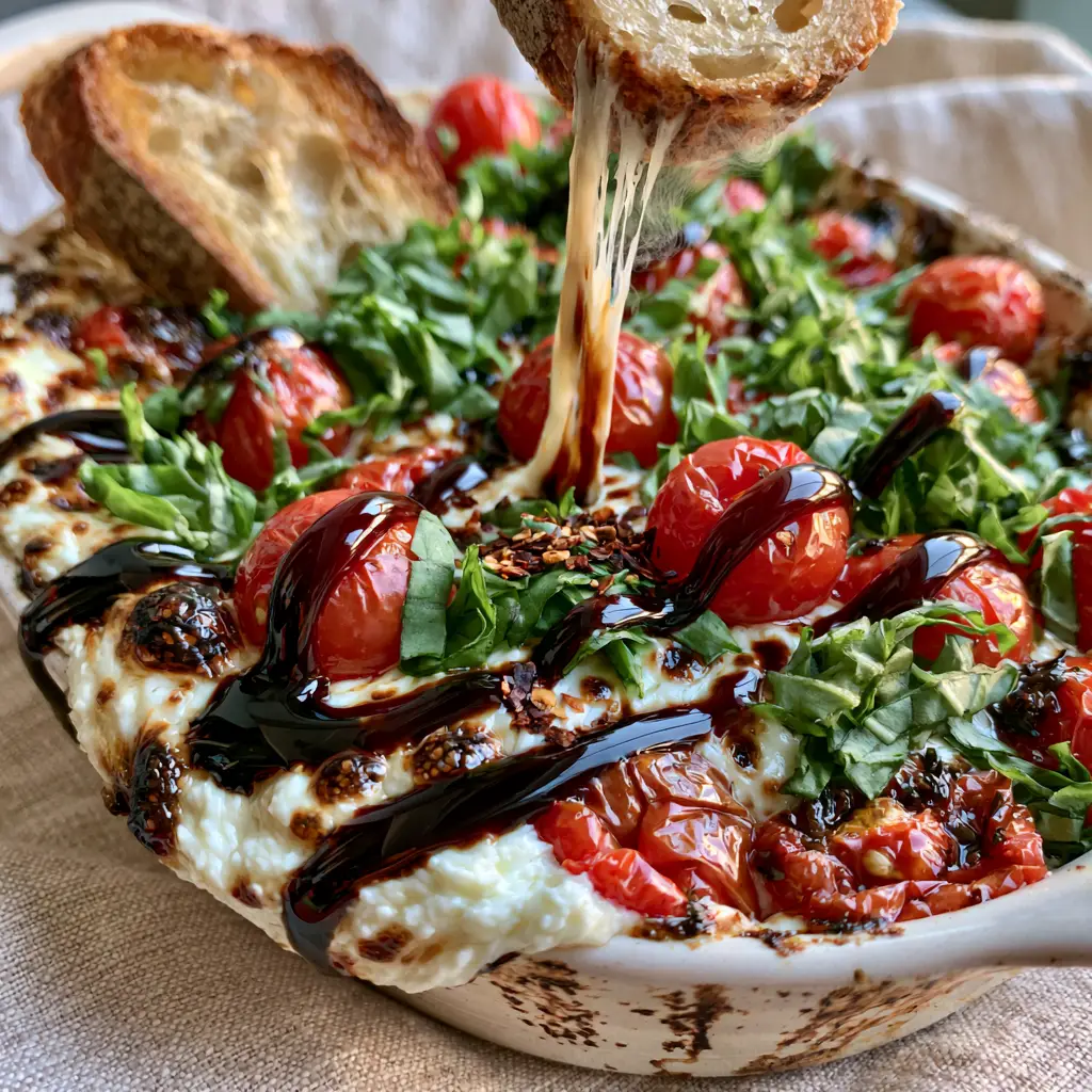 Rustic white ceramic baking dish filled with Caprese dip, featuring steam vapors and a long cheese pull with crusty sourdough.