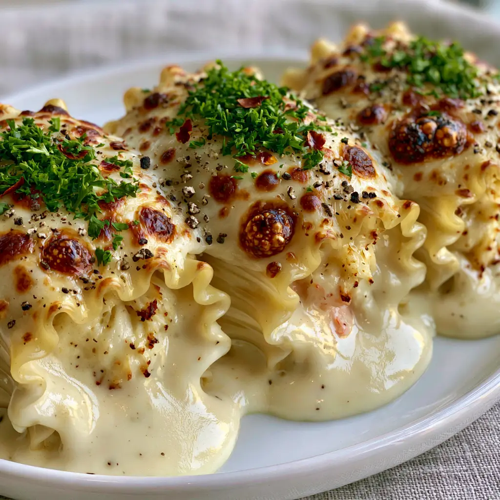 Three Shrimp and crab alfredo lasagna roll-ups arranged on a white ceramic plate with a neutral linen napkin background, highlighted by soft natural window light.