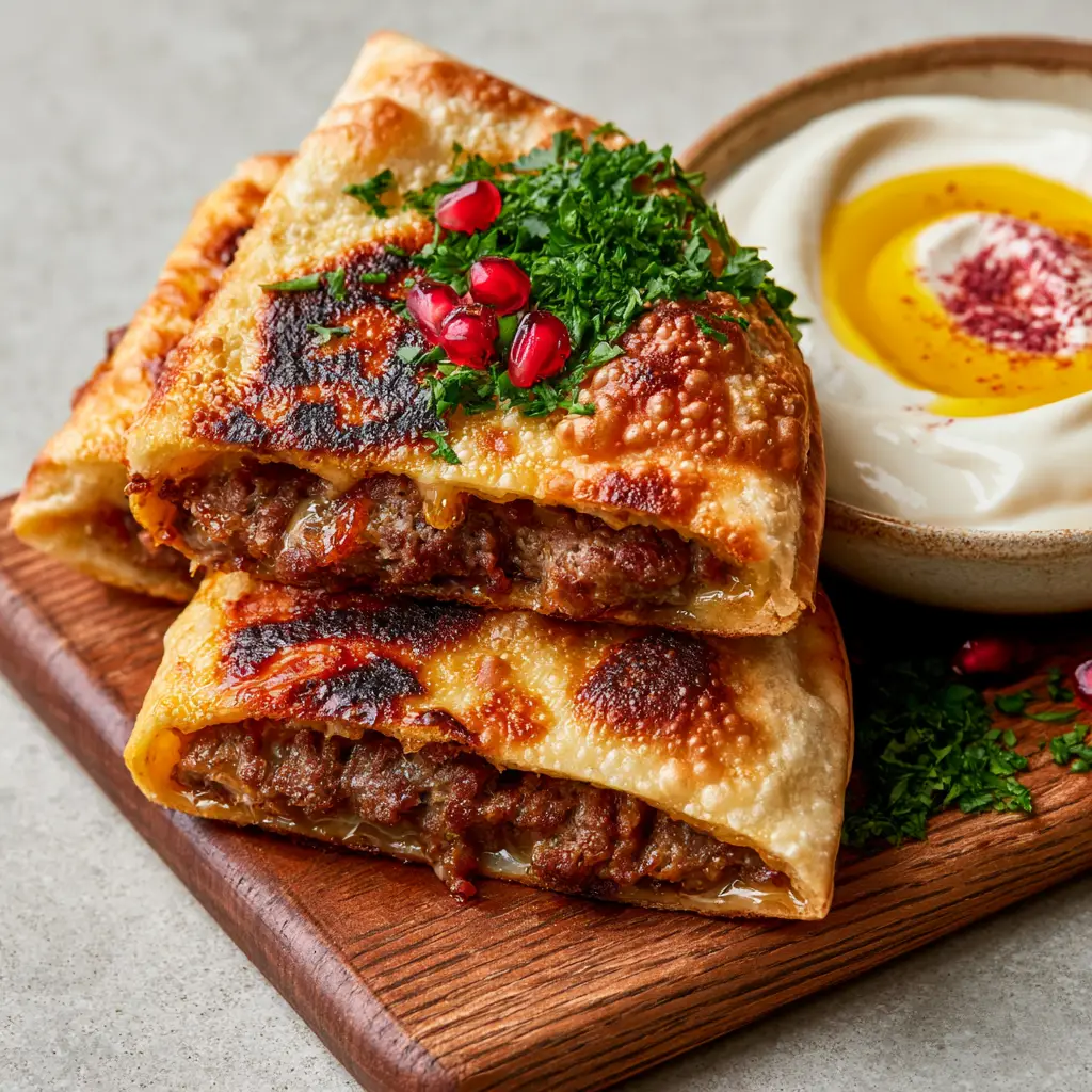 Lebanese Arayes triangles stacked on a wooden board next to a ceramic bowl of tahini sauce with olive oil swirl.