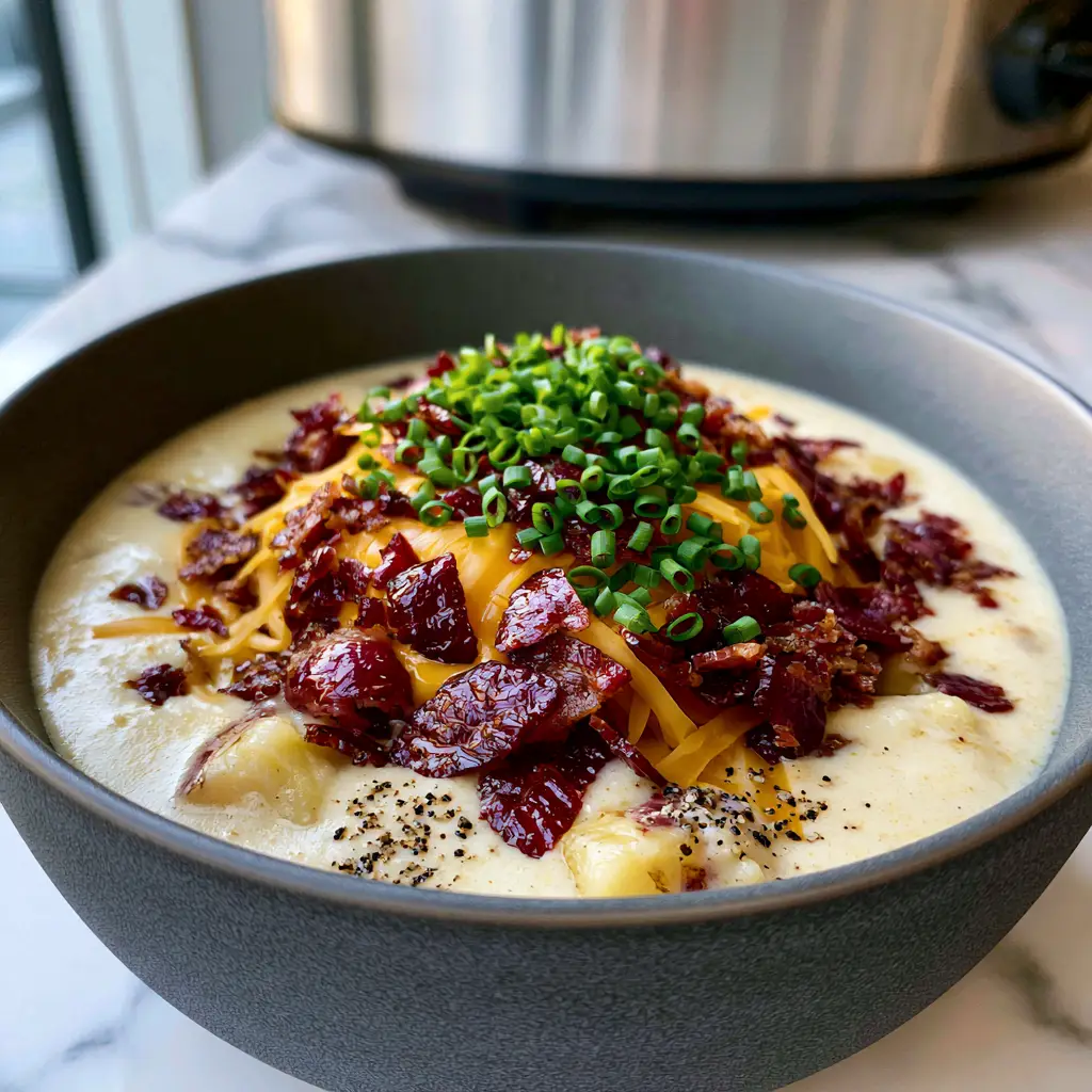 Top-down view of slow cooker potato chowder featuring melted sharp cheddar cheese and a vibrant spray of green chives.