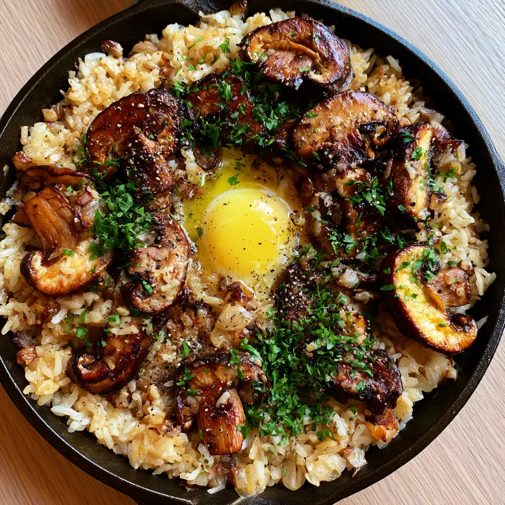 Steaming mushroom rice in a matte black skillet on an oak wood surface with melting butter in the center.