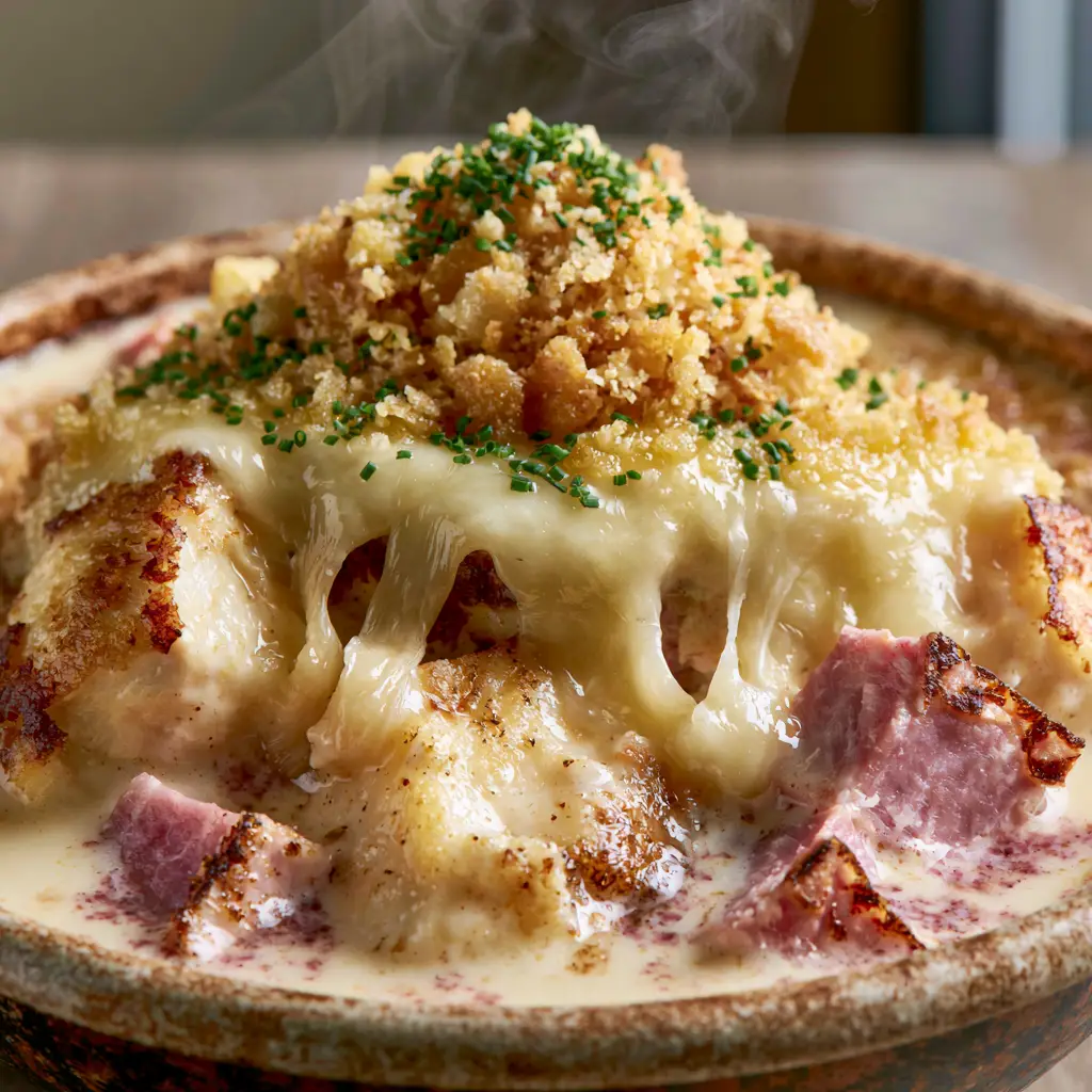Close up of browned ham cubes and toasted panko breadcrumbs in a cheesy soup. (Chicken Cordon Bleu Soup)