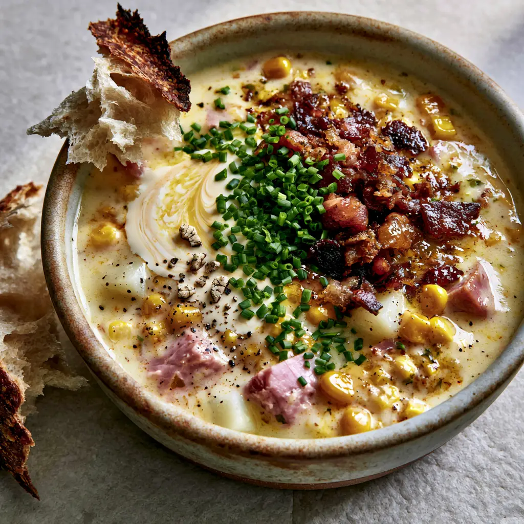 Overhead view of Ham and Potato Corn Chowder featuring a delicate cream swirl, cracked pepper, and torn sourdough bread.