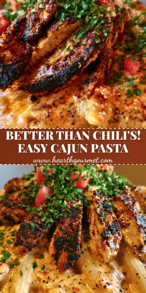 Chilis Cajun Chicken Pasta: The Ultimate Copycat Recipe 4 A steaming bowl of Chilis Cajun Chicken Pasta featuring penne in orange cream sauce topped with blackened chicken, raw tomatoes, and parsley.
