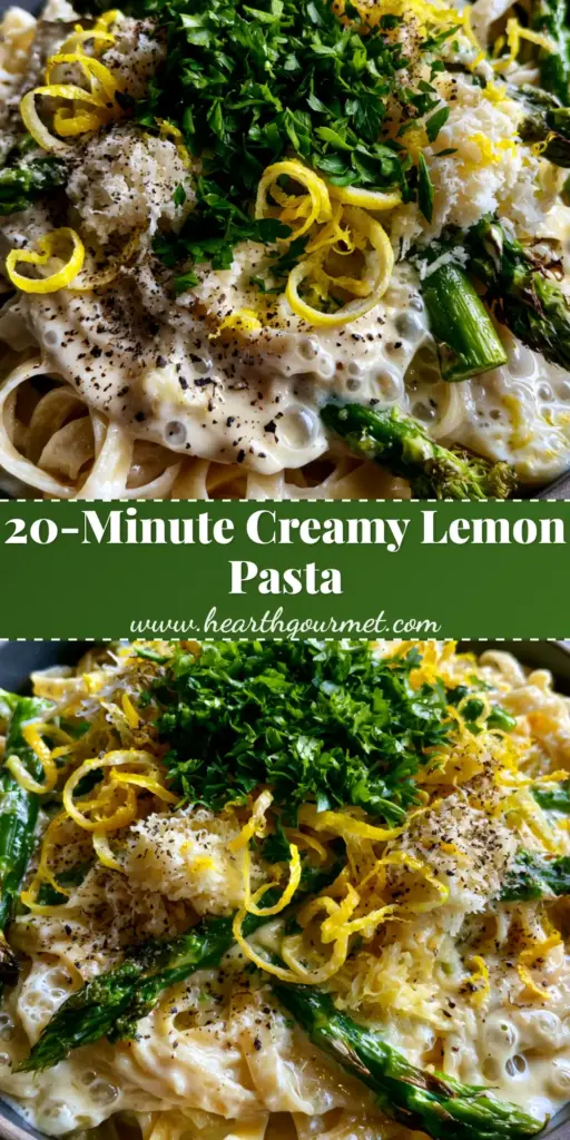 A top-down view of Creamy Pasta with Asparagus in a charcoal skillet, featuring fettuccine ribbons, bright green spears, and lemon zest spirals.
