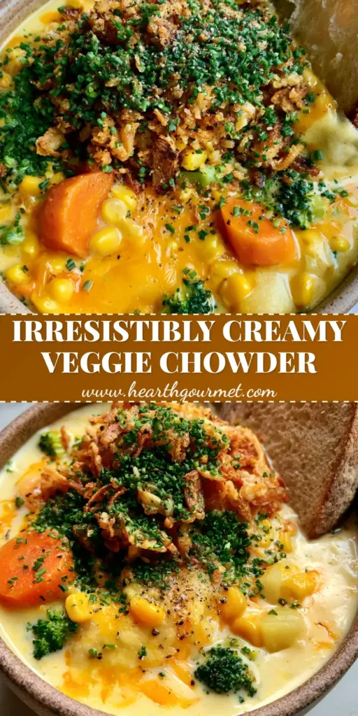 A tall Pinterest-style vertical shot of a ceramic bowl filled with Cheesy Vegetable Chowder, topped with crispy fried onions and fresh chives, next to toasted sourdough bread.